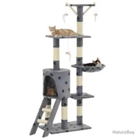Arbre à chat griffoir grattoir niche jouet animaux peluché en sisal 138 cm gris motif de pattes 370