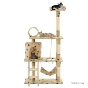 Arbre à chat griffoir grattoir niche jouet animaux peluché en sisal 140cm beige motif de pattes 370