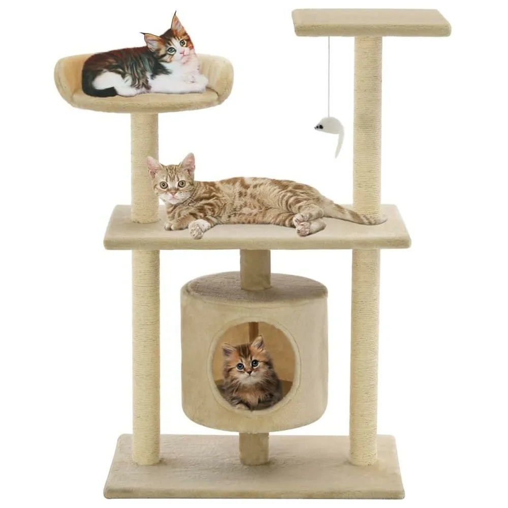 Arbre à chat griffoir grattoir niche jouet animaux peluché en sisal 95 cm beige