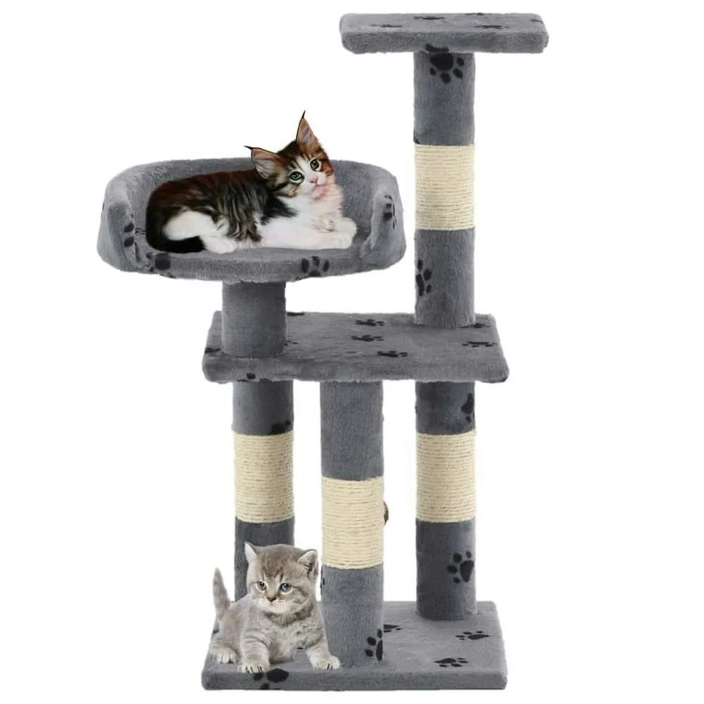 Arbre à chat griffoir grattoir niche jouet animaux peluché et sisal 65 cm empreintes de pattes gris