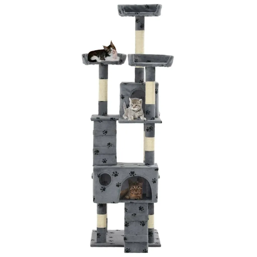 Arbre à chat griffoir grattoir niche jouet animaux peluché sisal 170cm empreintes de pattes gris