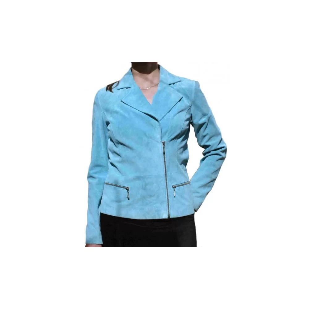 Blouson style perfecto agneau velours façon daim couleur bleu ciel modèle Eva