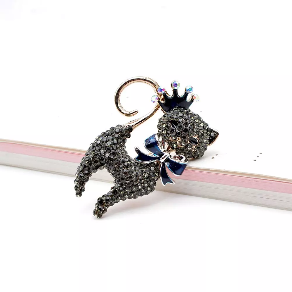 Broche chat strass sombre