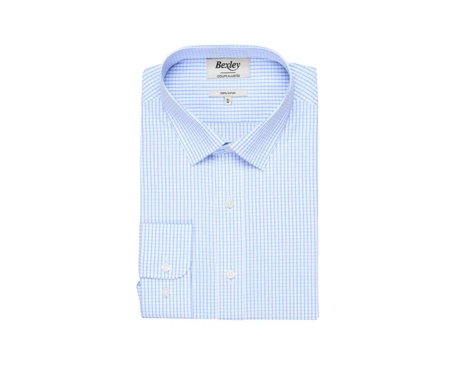 Chemise blanche à carreaux bleus clairs - Col français Alfiero