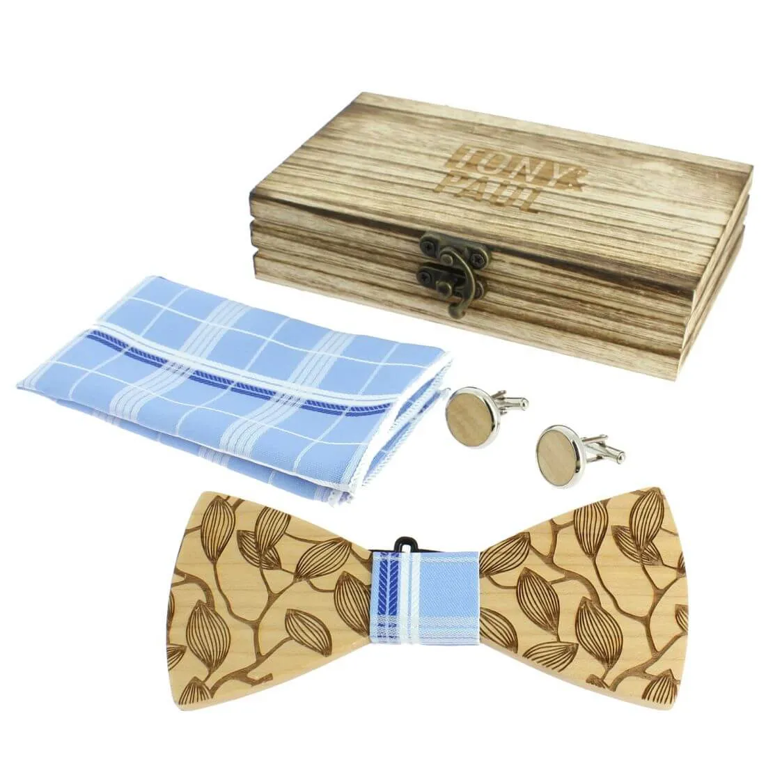 Coffret Feuilles gravées Carreaux bleus, Noeud papillon en bois, pochette et boutons de manchette