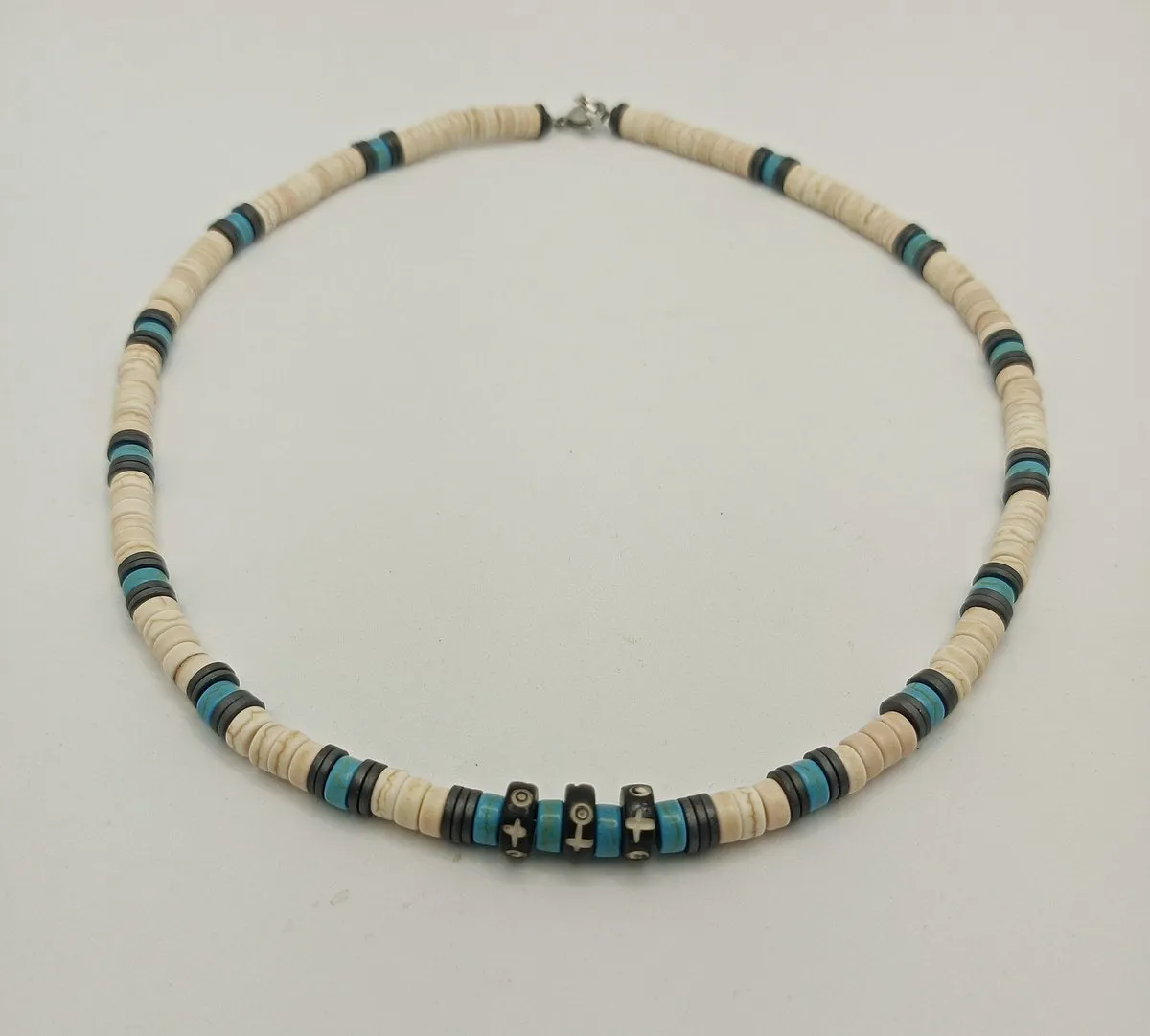 Collier homme turquoise blanc/turquoise/hématite/os de yac