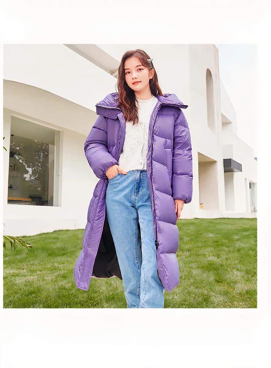 Doudoune violette longue et épaisse à capuche pour femme • 