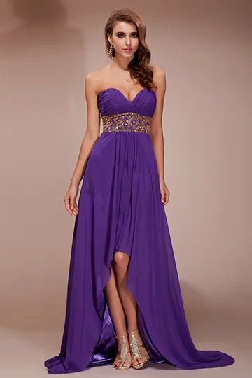 Robe courte devant longue derrière violette pour soirée bustier cœur orné de strass