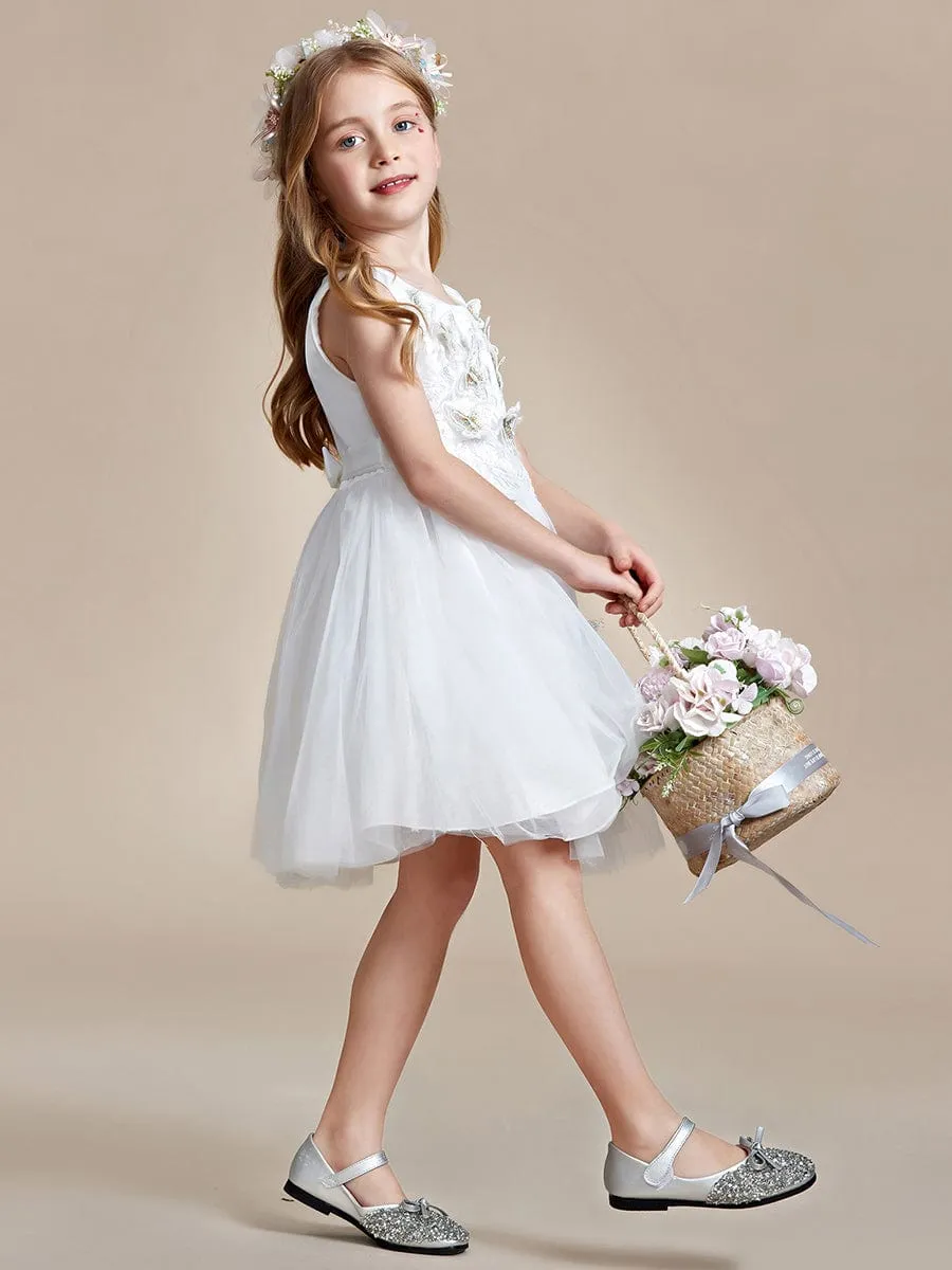 Robe de fille de fleur en tulle sans manches brodée de papillons