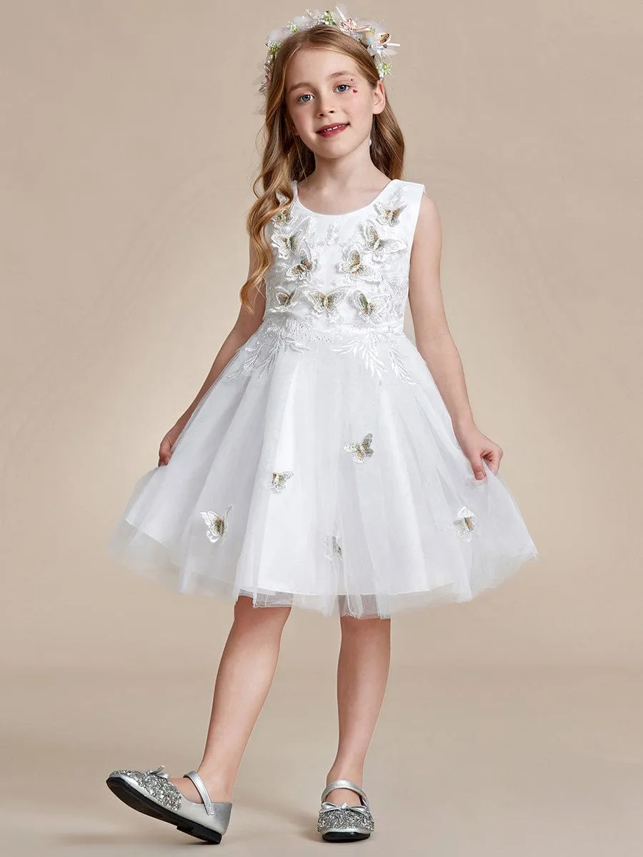Robe de fille de fleur en tulle sans manches brodée de papillons