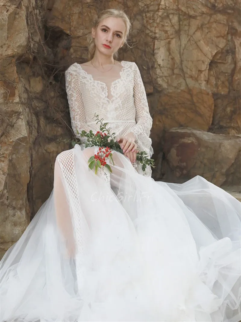 Robe De Mariée Sirène Romantique Glamour Manche Longue Dentelle Tulle