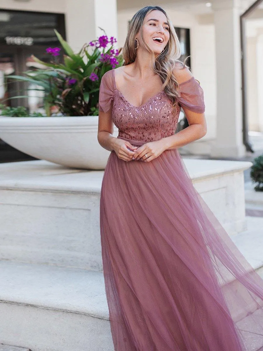 Robe Demoiselle d'Honneur en Tulle Longue Femme Épaules Dénudées