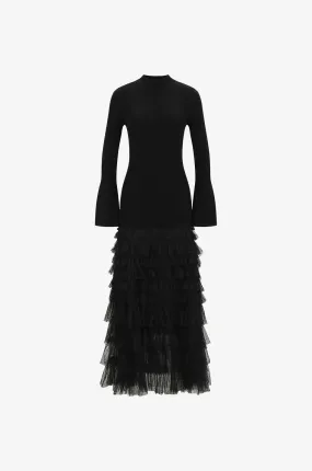 Robe longue en maille à volants en tulle