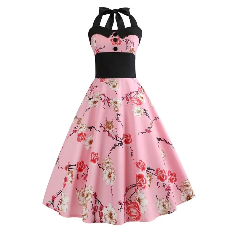 Robe Vintage  Pin-Up Rose À Fleurs
