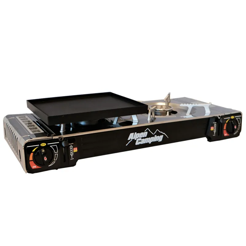 Réchaud gaz 2 feux 4600W et Plaque plancha 26 x 23cm 2en1 Allumage piezo TEXAS ALPEN Camping