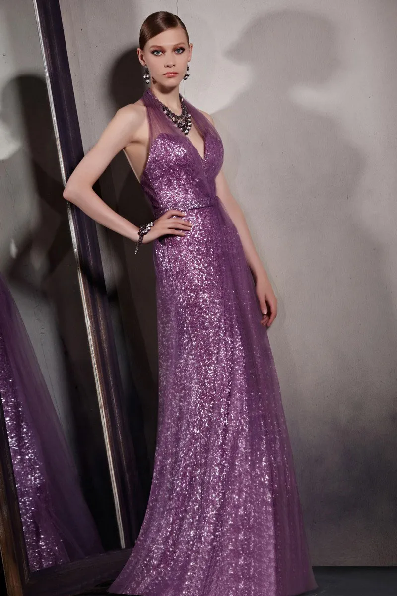 Sexy Robe de soirée sequins violette à col halter & dos nu