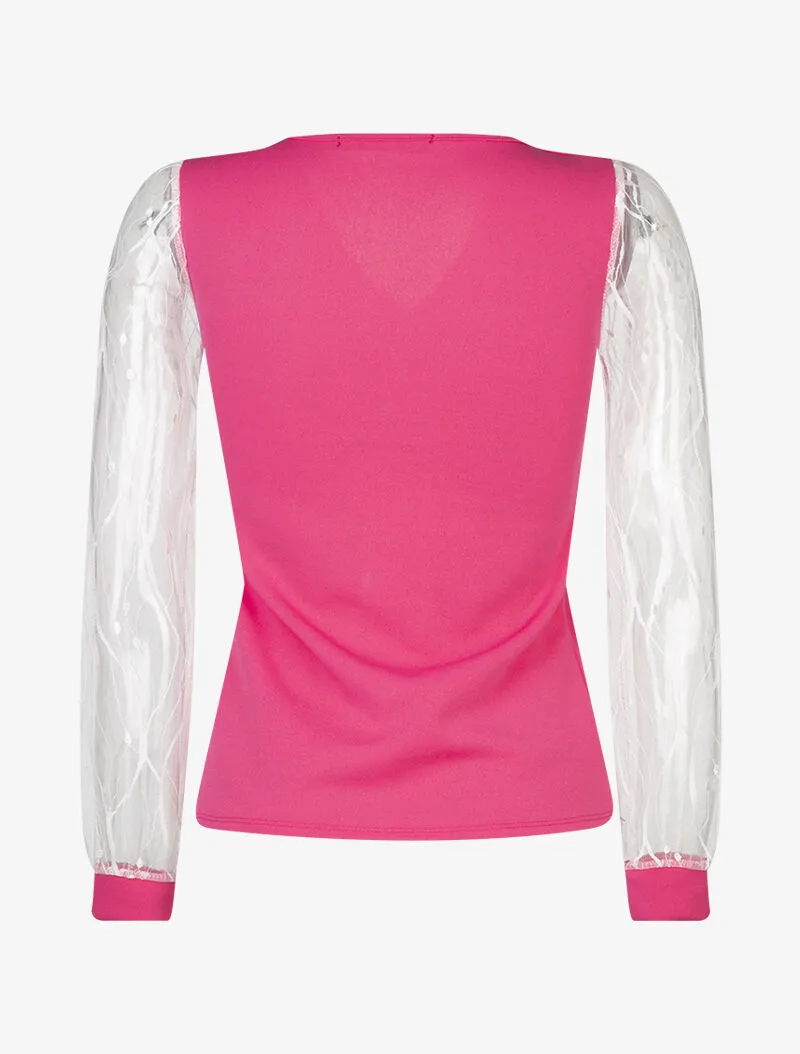 Top uni à manches en tulle - fushia