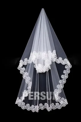 Voile de mariée classique 1 couche bord en broderie en tulle